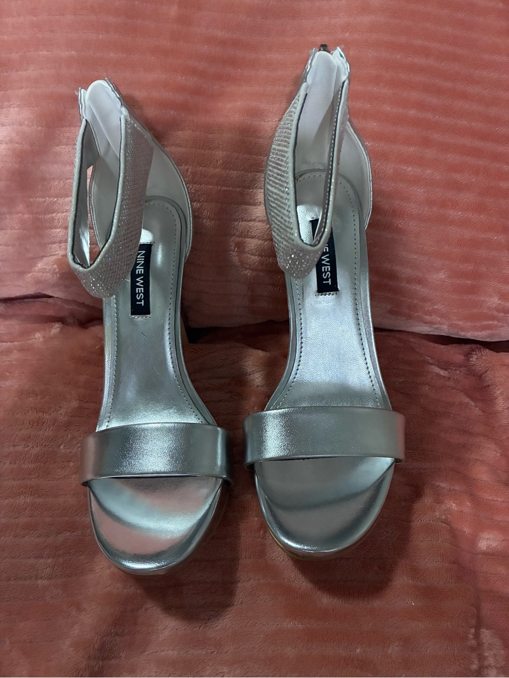Nine West Silver Metallic Open-Toe Ankle-Strap Heels